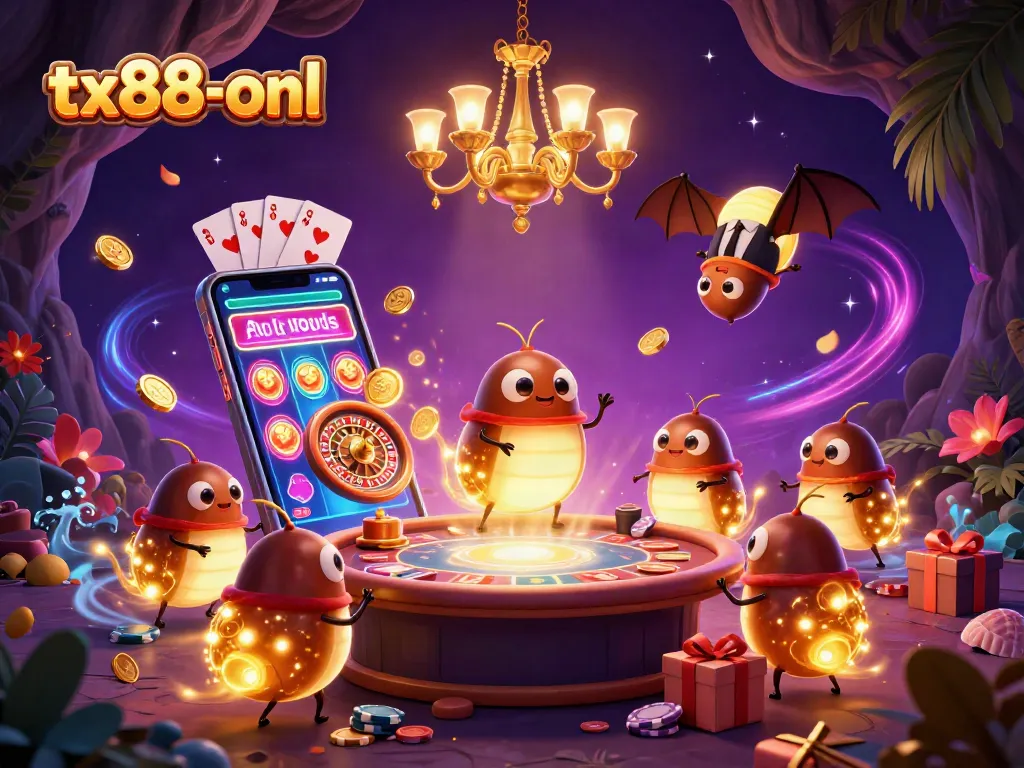 Experience thrilling gameplay at tx88-onl with a vibrant casino scene ignited by glowworms and a bat dealer.