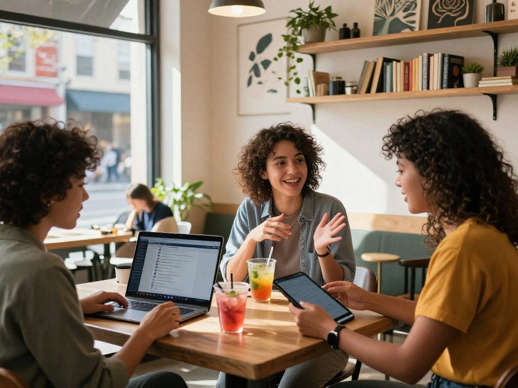 Engaging juicy chat experience in an urban café setting with friends over coffee.