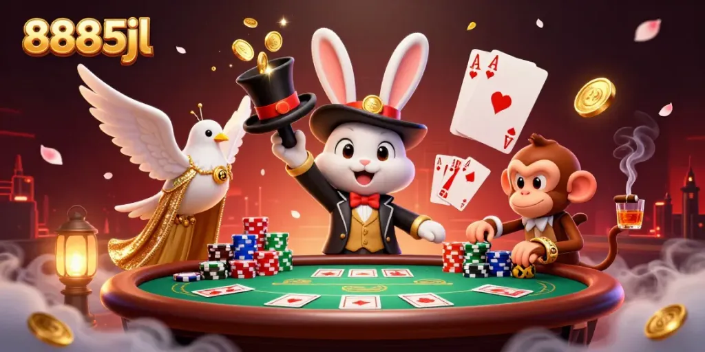 Experience the excitement of 8885jl with a magician, dove, and monkey in a vibrant casino scene.