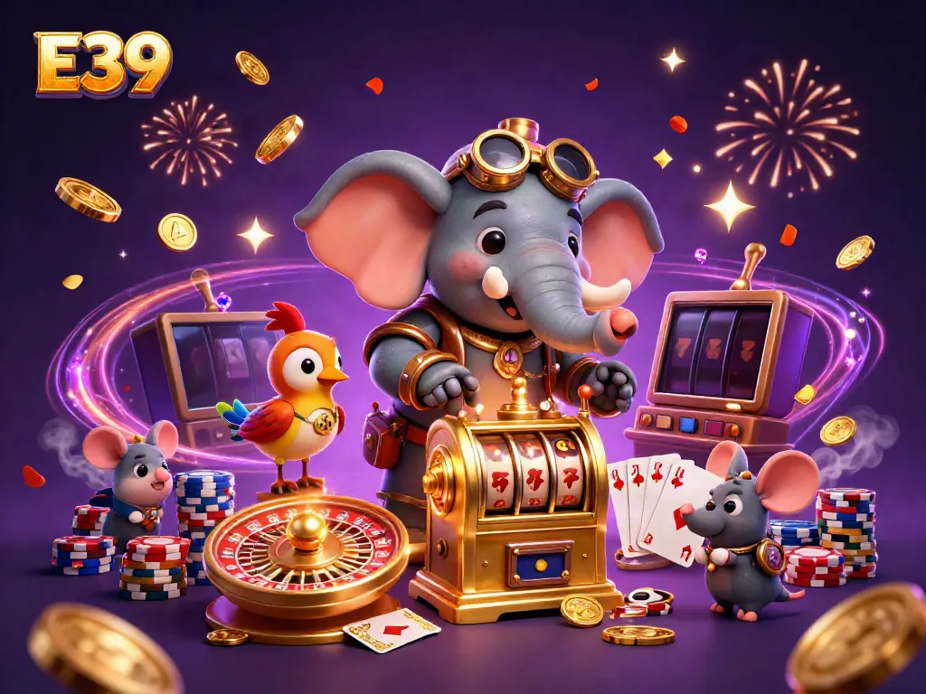 Experience vibrant gaming action with E39 featuring steampunk characters and slot machines amidst shining coins.