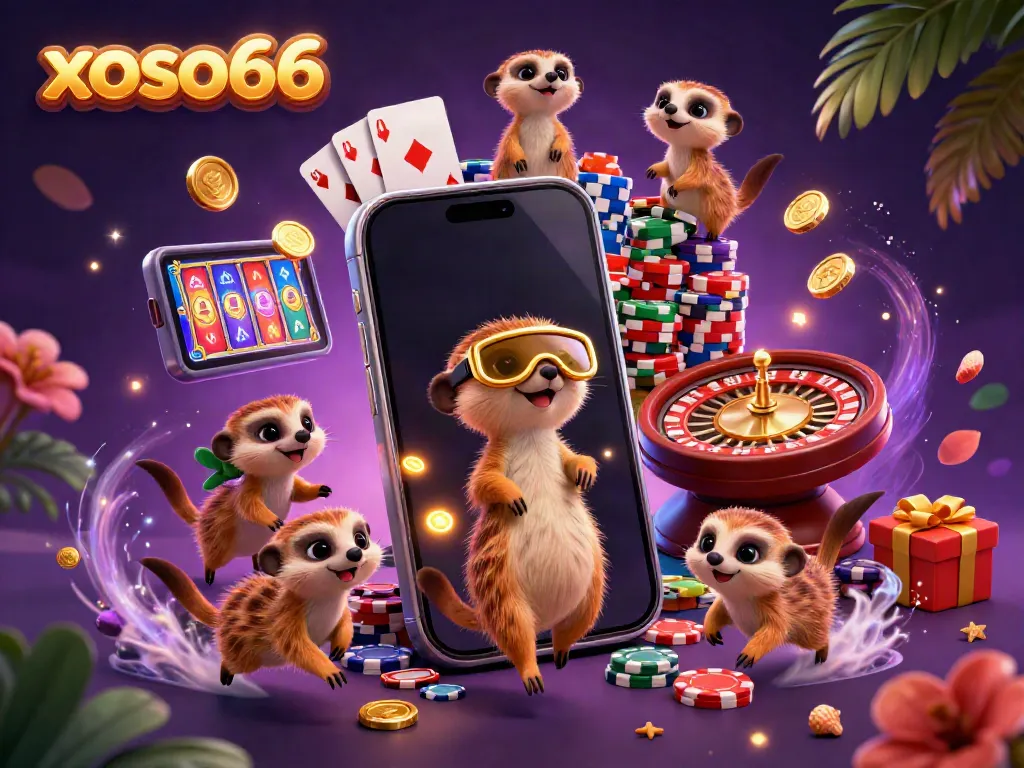 The meerkat casino of xoso66 showcases animated action with card dealers, a lookout, and a playful baby meerkat sneaking chips.