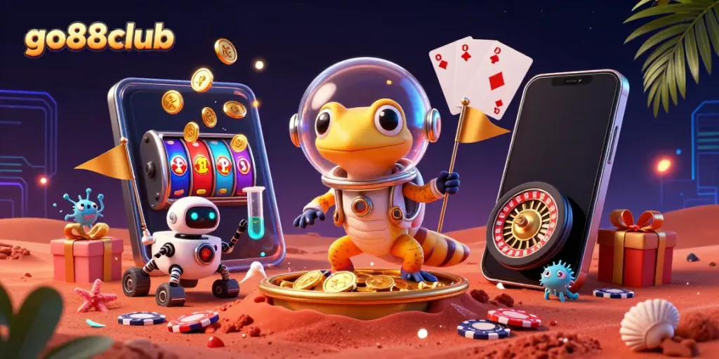 Experience excitement with the vibrant go88club casino scene featuring a Martian gecko and a robot in space.
