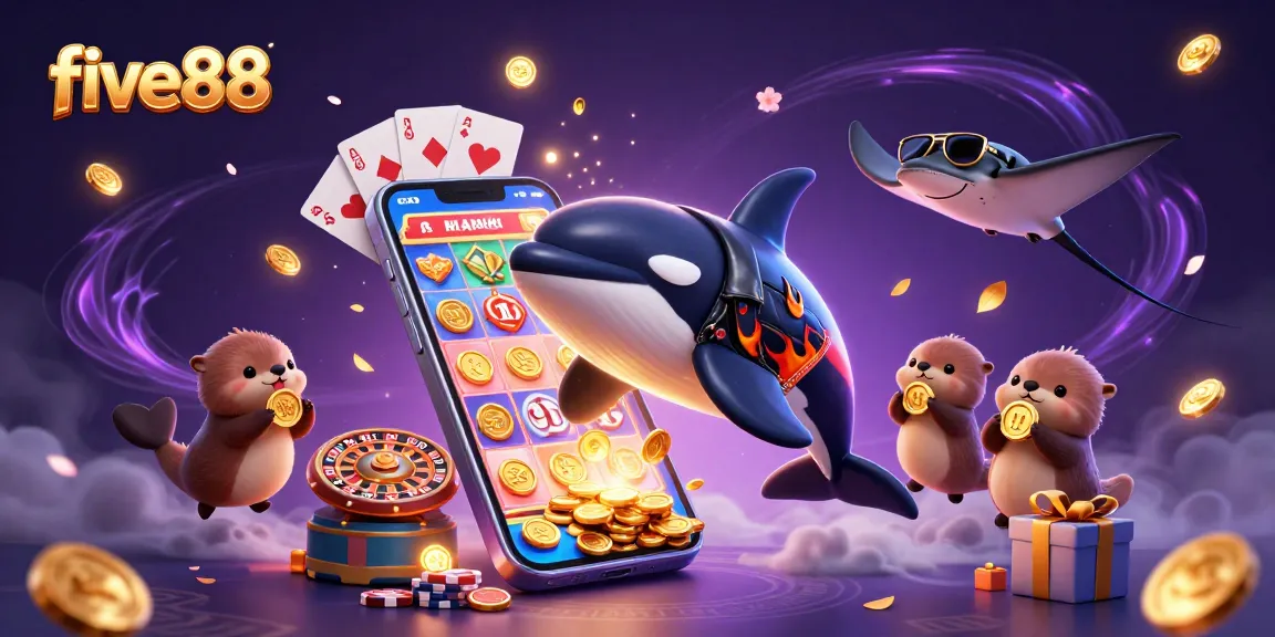 Engage in thrilling gameplay at five88 with vibrant characters amidst casino elements and fortune symbols.