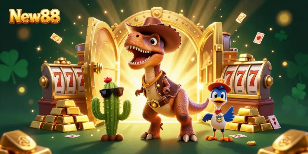 Join the adventure at New88 with exciting games, treasures, and colorful characters in a 3D casino scene.