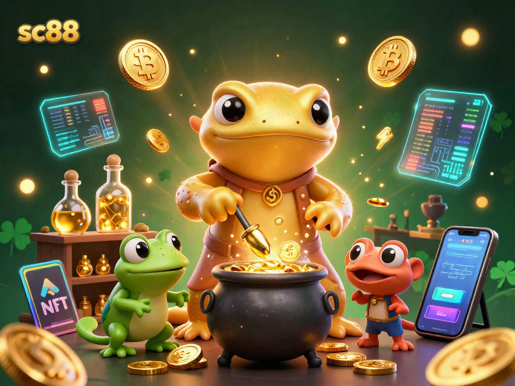 Experience winning with sc88: 3D alchemist scene filled with crypto coins and casino elements