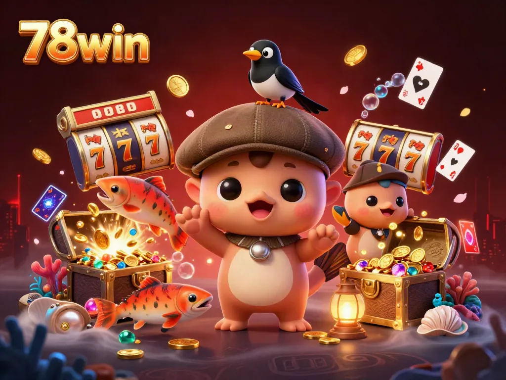 Engage in thrilling gaming with 78win's vibrant casino scene featuring cartoon characters amidst slot reels and underwater treasures.