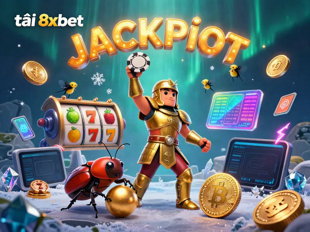 Experience the thrill of tải 8xbet with this vibrant 3D scene featuring a victorious beetle hero and dynamic gambling elements.