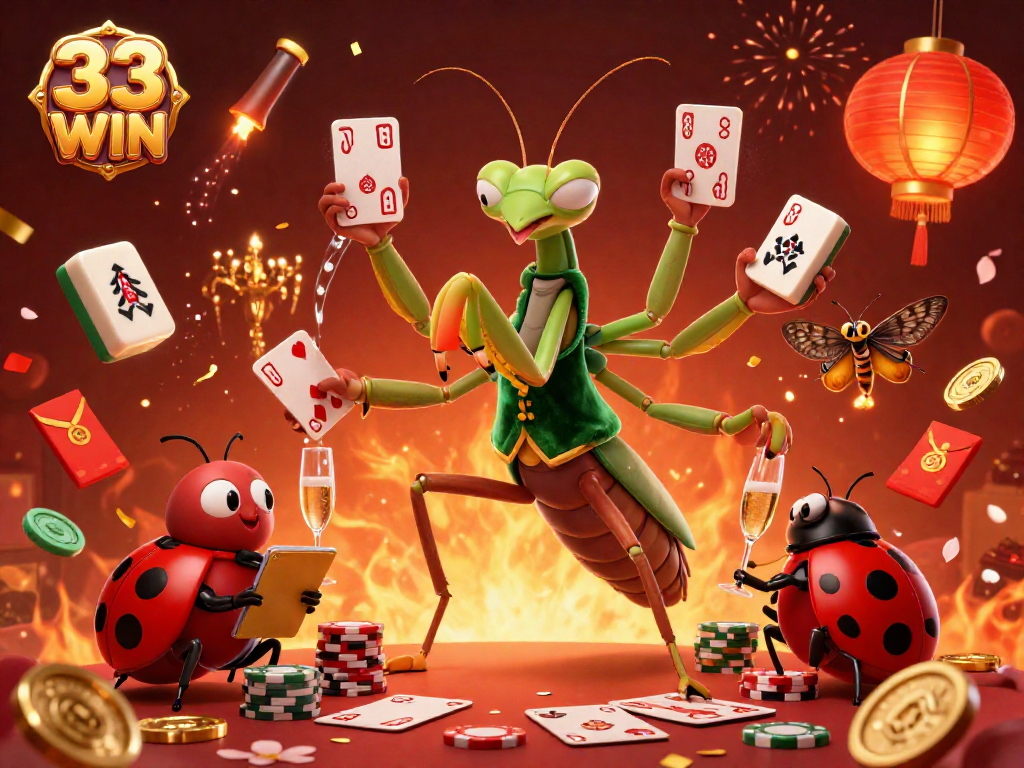Experience the excitement of 33 WIN with a giant cartoon mantis and vibrant casino elements.
