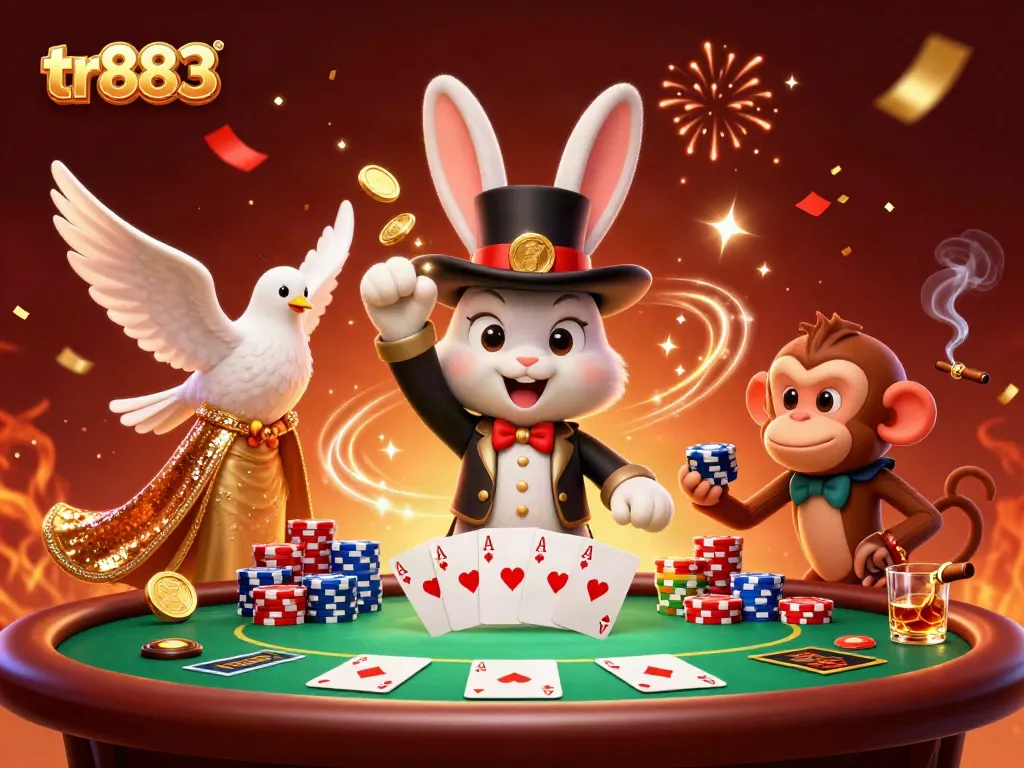 Experience thrilling moments with tr883, featuring a magician rabbit, glamorous dove, and monkey juggling poker chips.