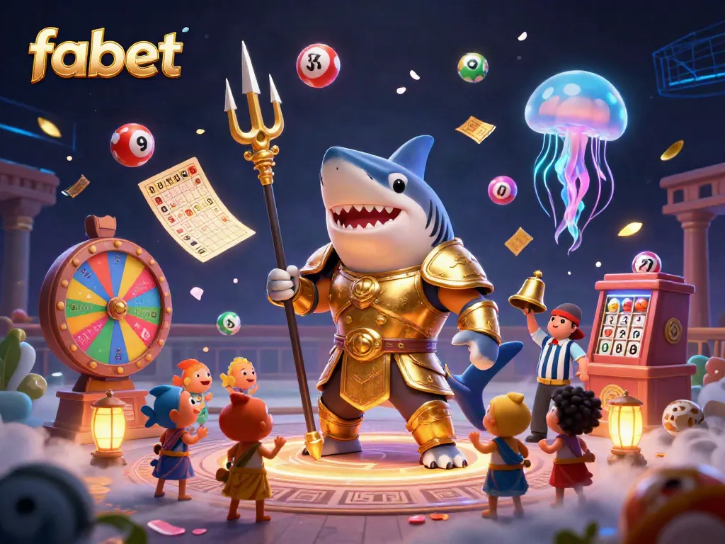 Experience the thrill of fabet with a vibrant underwater casino scene featuring a gladiator shark and lottery elements.