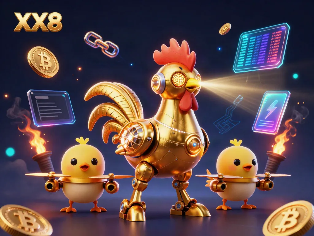 Engage with XX8's vibrant casino world featuring a dynamic golden rooster robot and crypto elements.