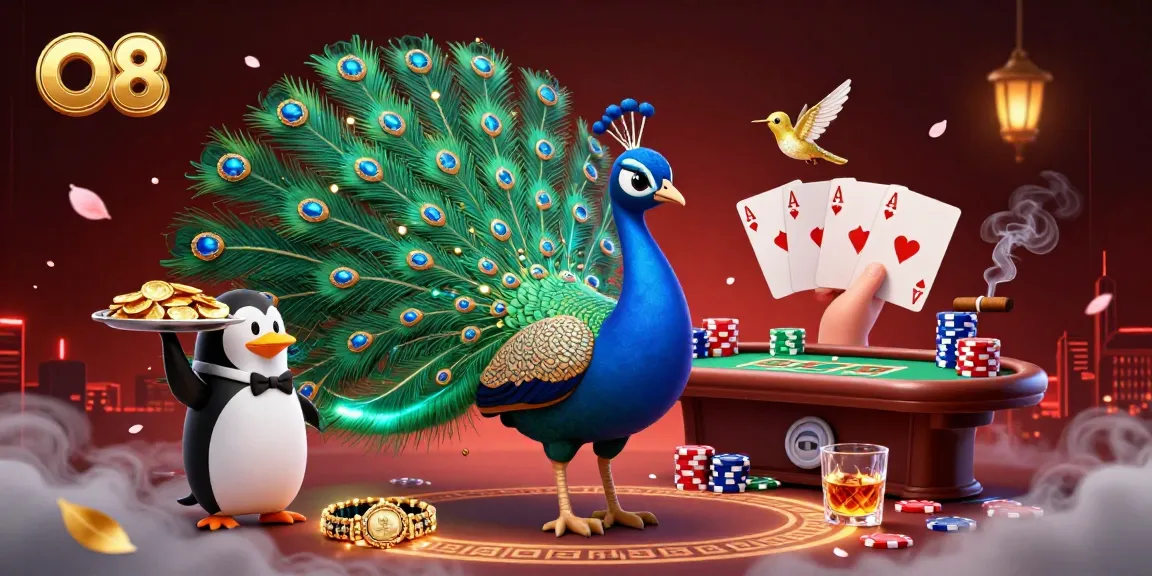 Engage in a vibrant casino scene with O8, showcasing an aristocratic peacock, a butler penguin, and a hummingbird amidst poker action.