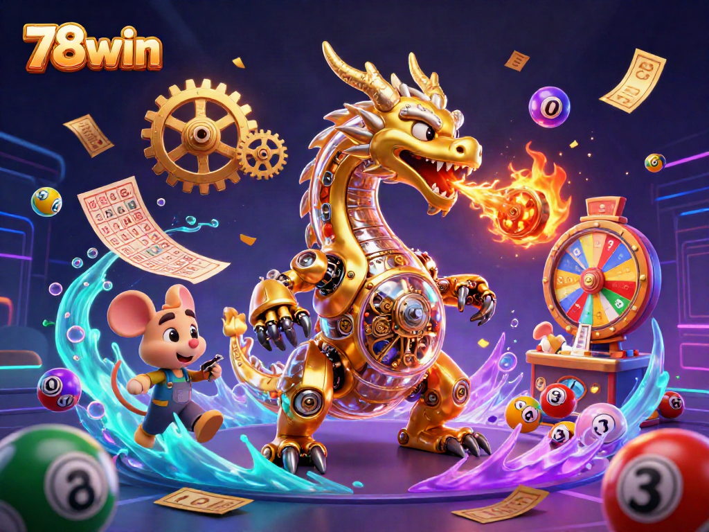 Experience thrilling gaming action at 78win with a vibrant 3D casino scene featuring dynamic lottery elements.