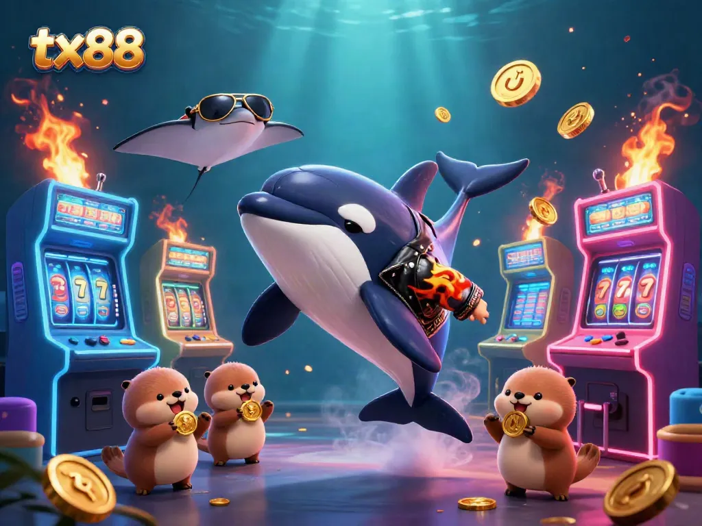 Experience the thrill of tx88 with an orca, stingray, and otters in a vibrant casino world.