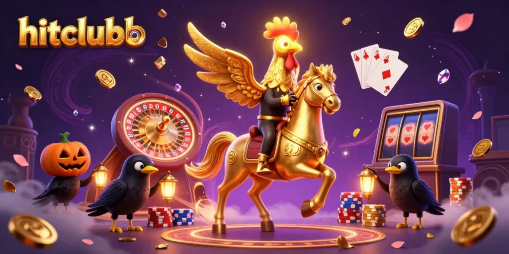 Experience the excitement of hitclubb casino with a golden rooster and spooky companions amidst dazzling casino elements.
