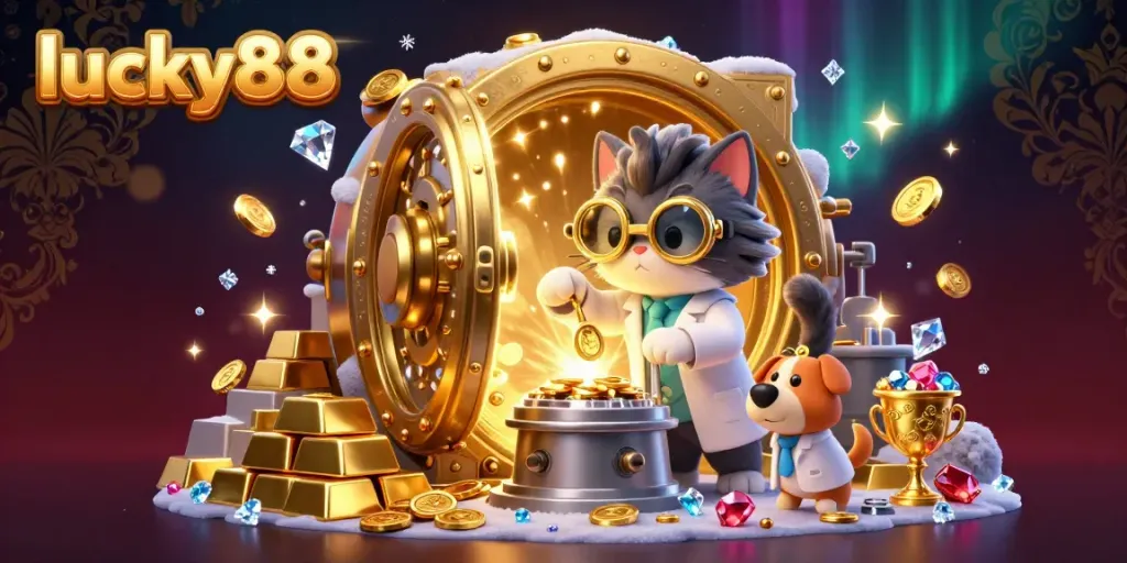 Experience thrilling wins with lucky88 in a vibrant casino scene of gold coins, gems, and excitement.