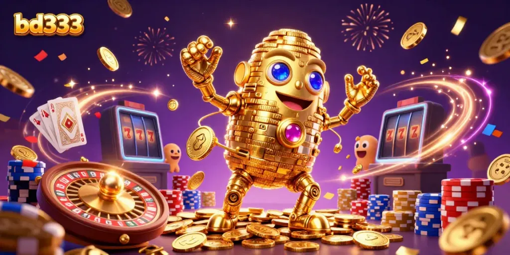 Experience the magic of bd333 Casino with a dynamic 3D golden golem and casino elements.