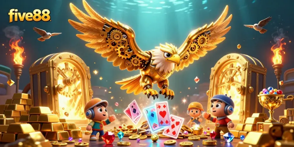 Engage in thrilling play at five88, exploring a dynamic scene with a cybernetic eagle and shimmering gems.