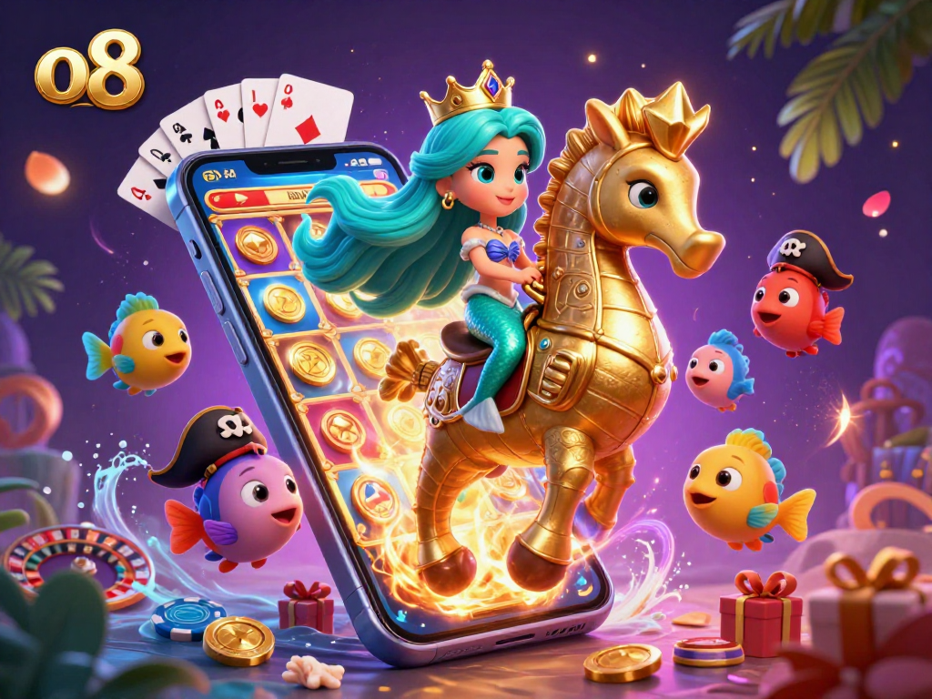 Spin to win with o8's vibrant mermaid-themed slot game adventure, featuring colorful characters and casino elements.