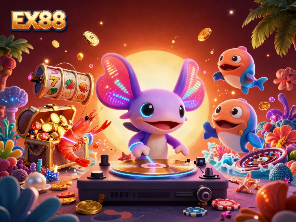 Experience the excitement of EX88 with a vibrant underwater casino party illustration featuring a DJ axolotl and dancing sea creatures.