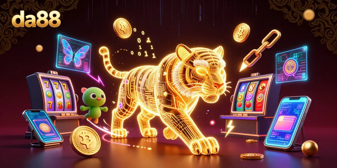 Play thrilling games at da88 with a spectacular golden tiger and vibrant crypto elements.