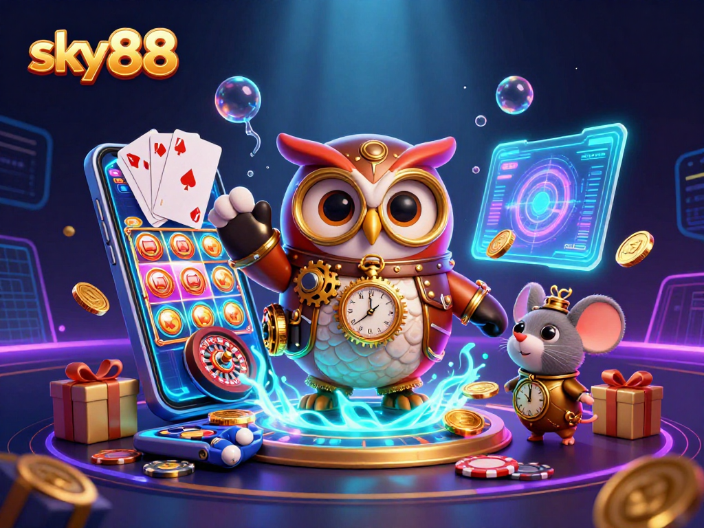 Experience thrilling gaming with sky88's dynamic casino action featuring a time-traveler owl and clockwork mouse.
