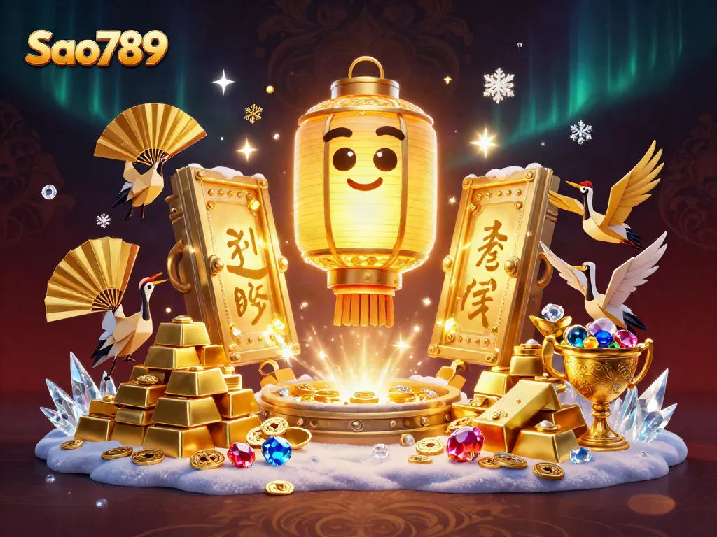 Sao789 delivers an exhilarating casino experience showcased with a luminous golden lantern spirit and treasures.