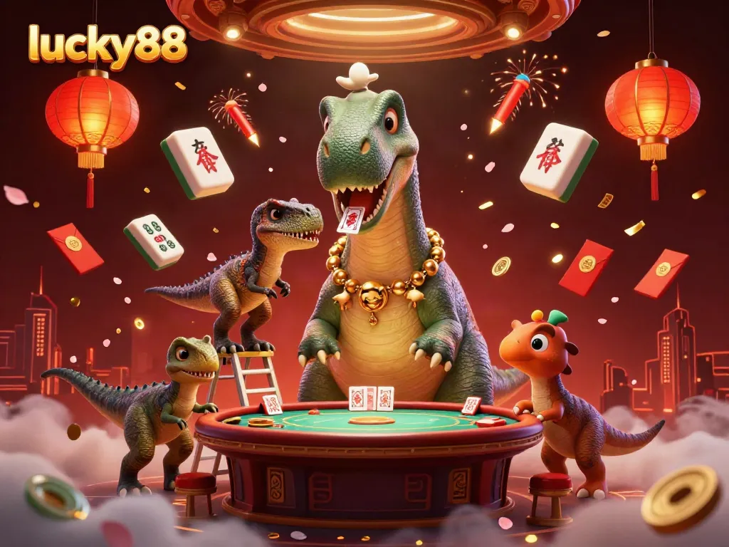 Engage in thrilling gameplay at lucky88 with a whimsical casino scene featuring giant characters and celebratory elements.