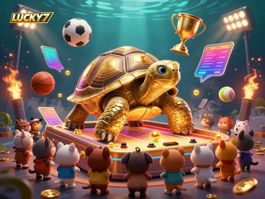 Experience thrilling gaming at LUCKY77 with a 3D casino scene featuring a golden tortoise pinball.