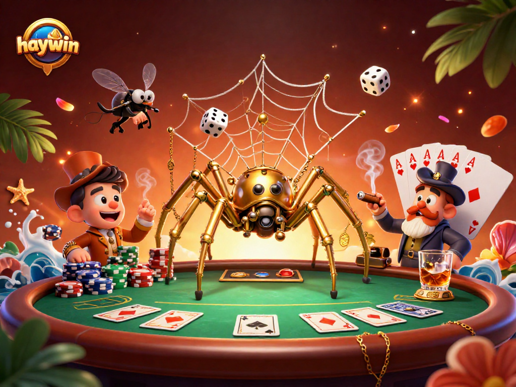 Experience the thrilling ambiance of Haywin's 3D steampunk casino art, featuring a playful spider and poker elements.
