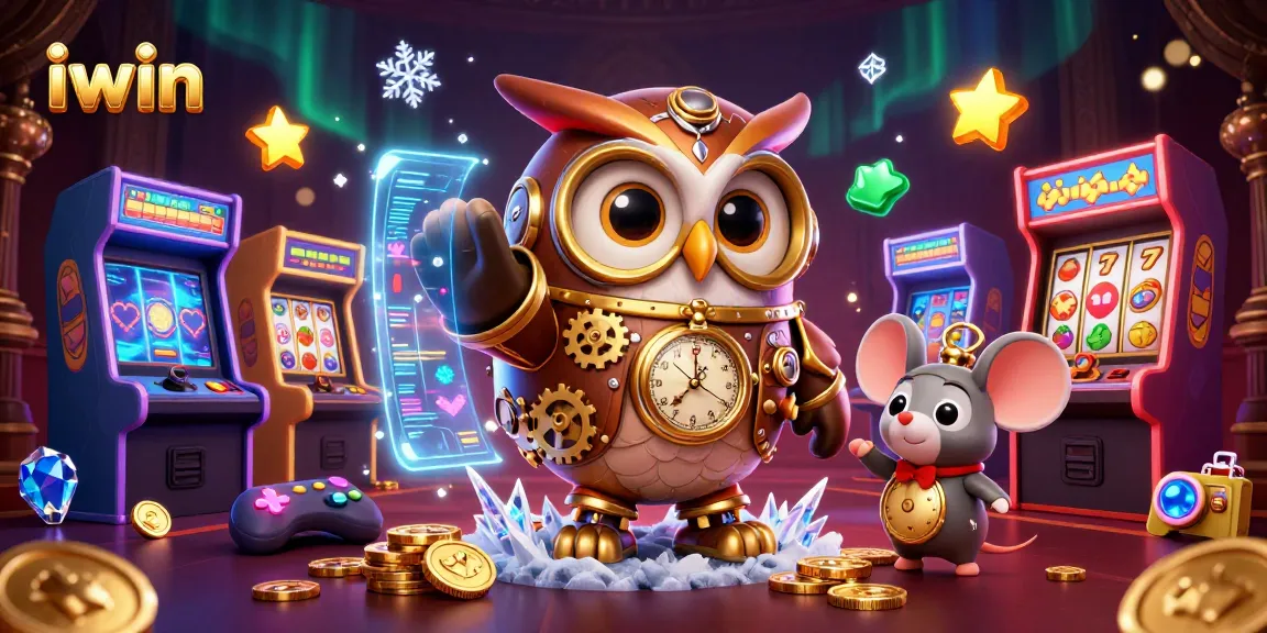 Engage with the thrilling iwin casino experience illustrated by a dynamic time-traveler owl and game elements.