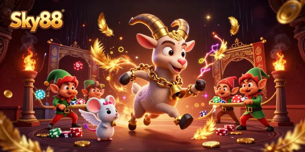 Sky88 presents a lively casino scene with Krampus and elves engaging in festive activities.