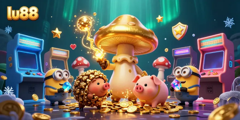 Experience thrilling lu88 gaming action with golden mushroom wizard and casino elements.
