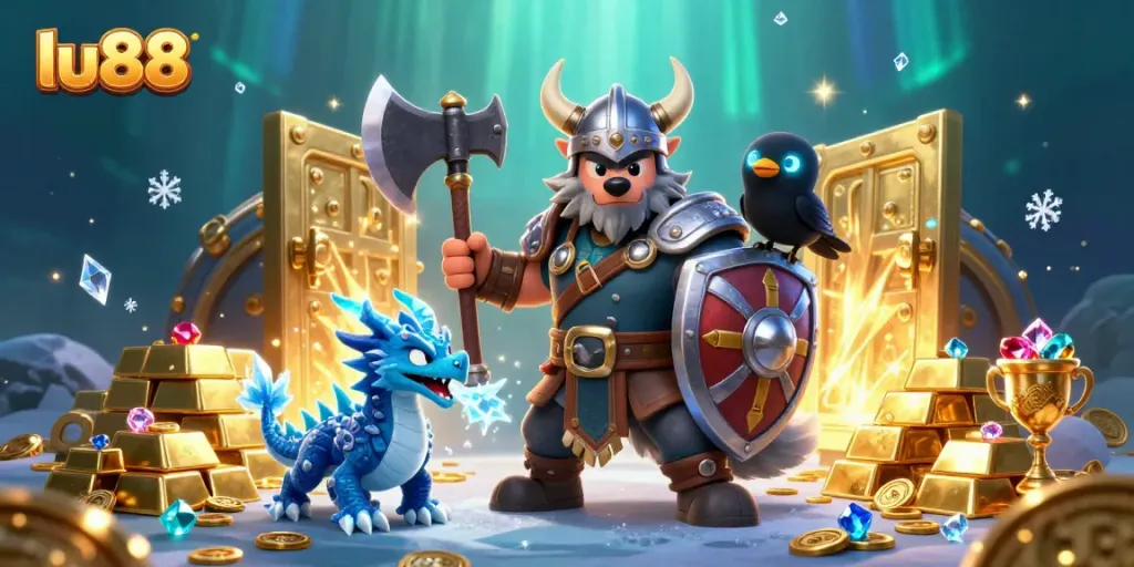 Engage in epic gaming adventures at lu88 with a vibrant illustration of a Viking warrior, dragon, and treasure.