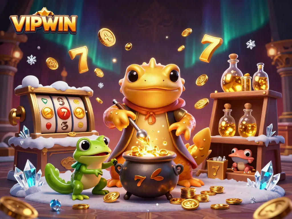 Win at VIPWIN with a vibrant and dynamic 3D illustration of casino elements and characters.