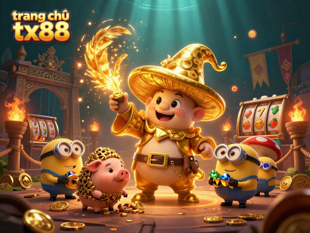 Engage with trang chủ tx88's vibrant casino scene featuring a golden mushroom wizard and treasure-hunting elements.