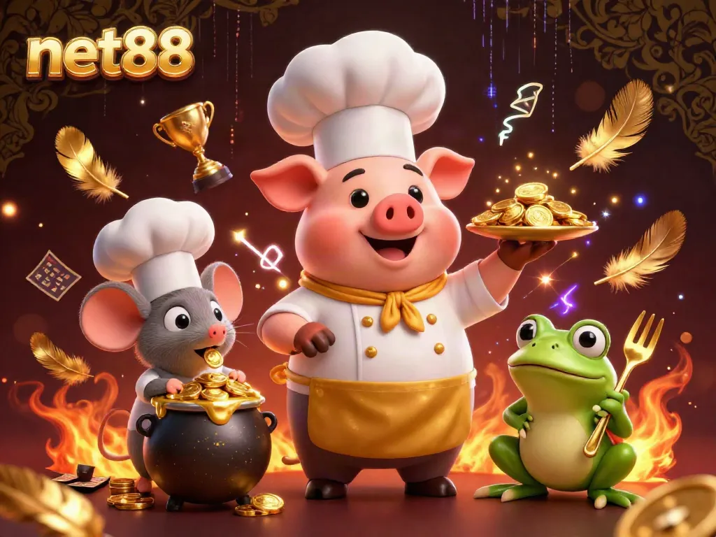 Experience the thrill of net88 with a chef pig serving gold coins, showcasing vibrant sports betting elements.