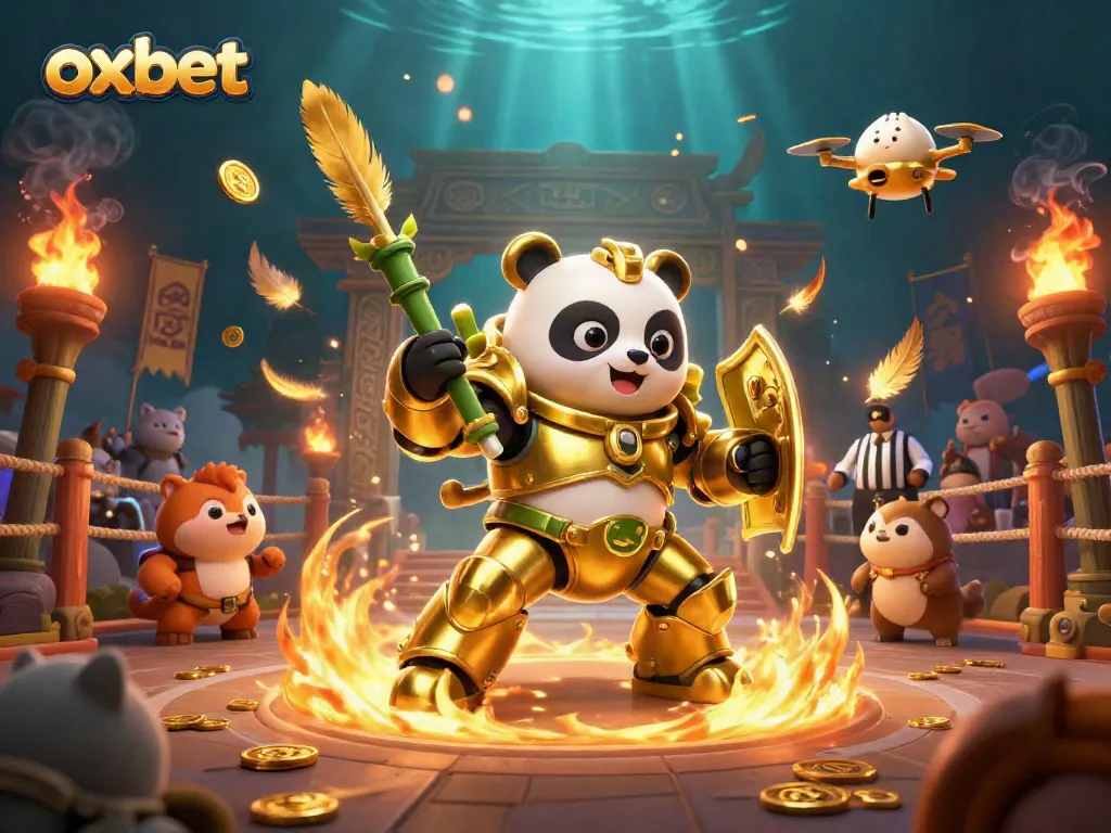 Join the excitement at oxbet with a golden panda piloting a bamboo robot in a dynamic casino arena.